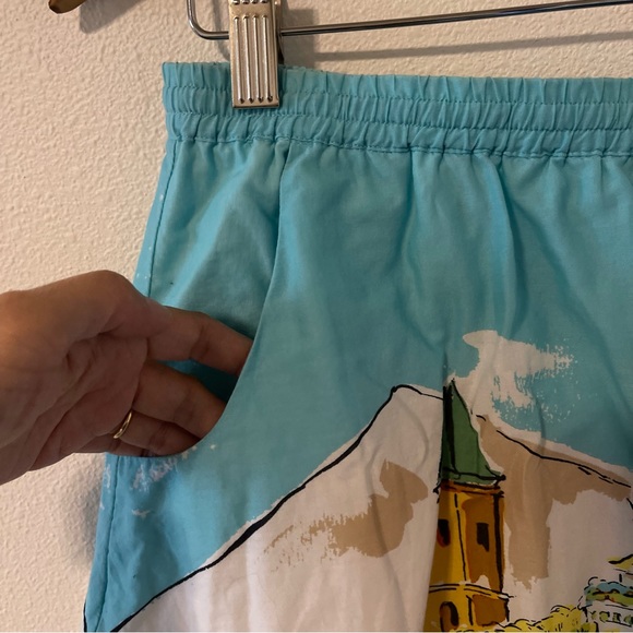 Garnet Hill Vacation Village Novelty Scene A-Line Skirt Blue Side Tie Cotton-M - Picture 3 of 8